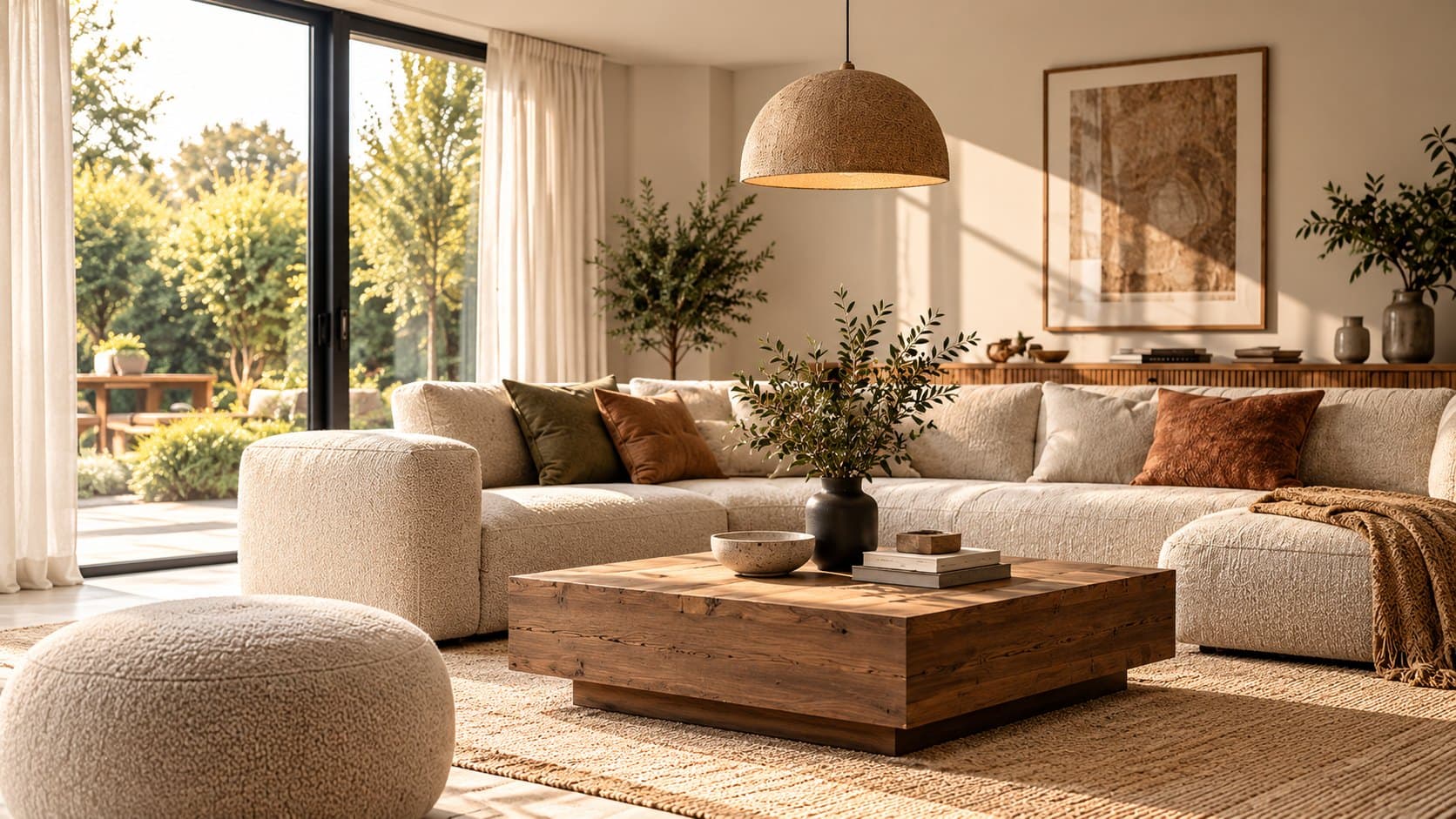 Lichte woonkamer met bouclé hoekbank, houten salontafel en rieten hanglamp