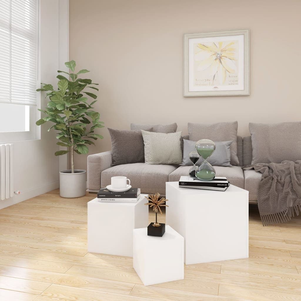 Bijzettafels 3 st bewerkt hout wit — afbeelding 5