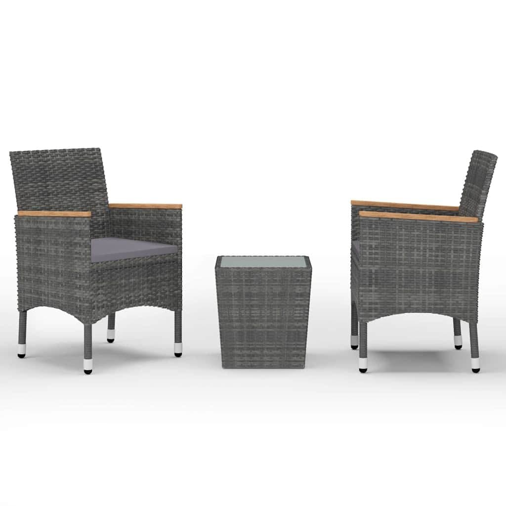 3-delige Bistroset poly rattan en gehard glas grijs — afbeelding 2
