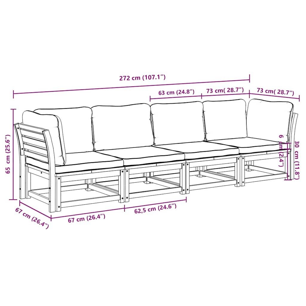 4-delige Loungeset met kussens massief acaciahout — afbeelding 6