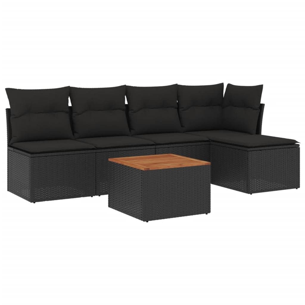 6-delige Loungeset met kussens poly rattan zwart — afbeelding 2