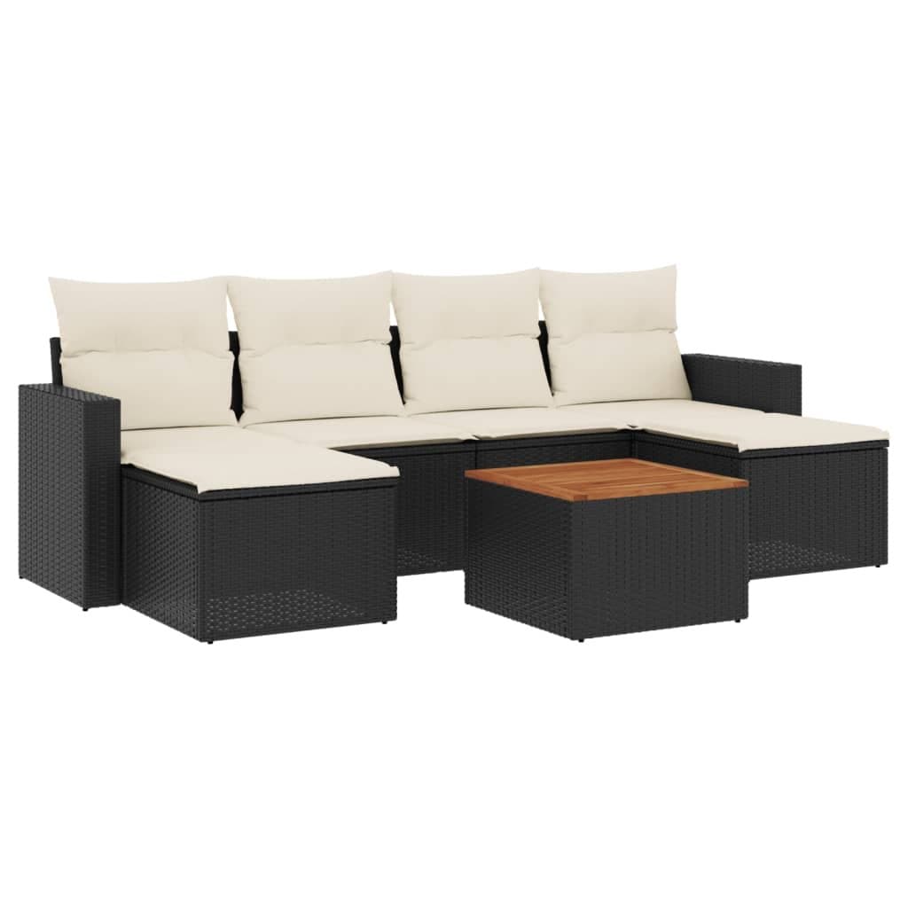 7-delige Loungeset met kussens poly rattan zwart — afbeelding 2