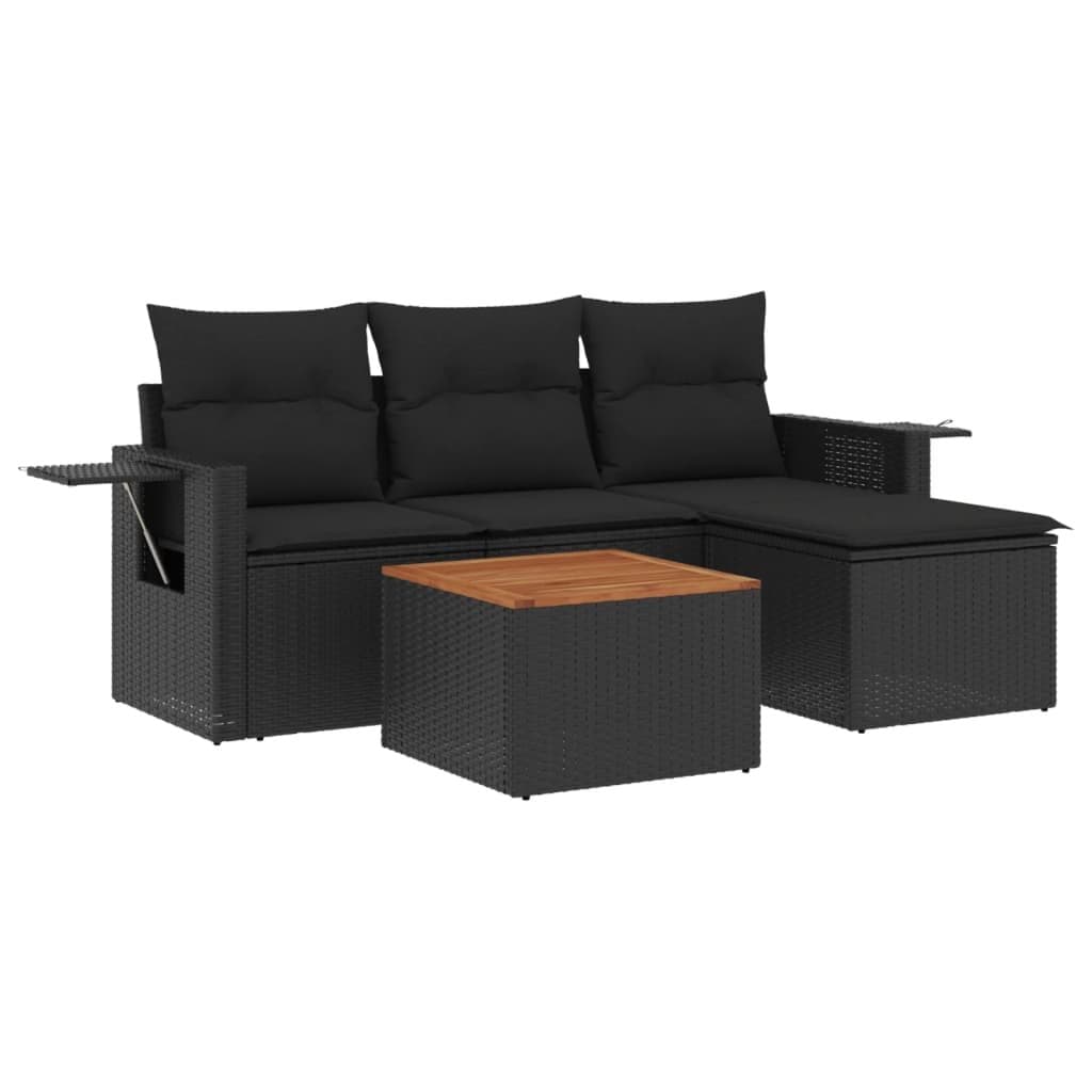 5-delige Loungeset met kussens poly rattan zwart — afbeelding 2
