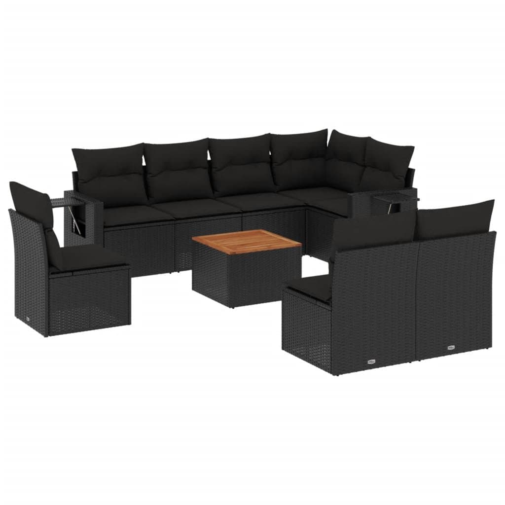 9-delige Loungeset met kussens poly rattan zwart — afbeelding 2