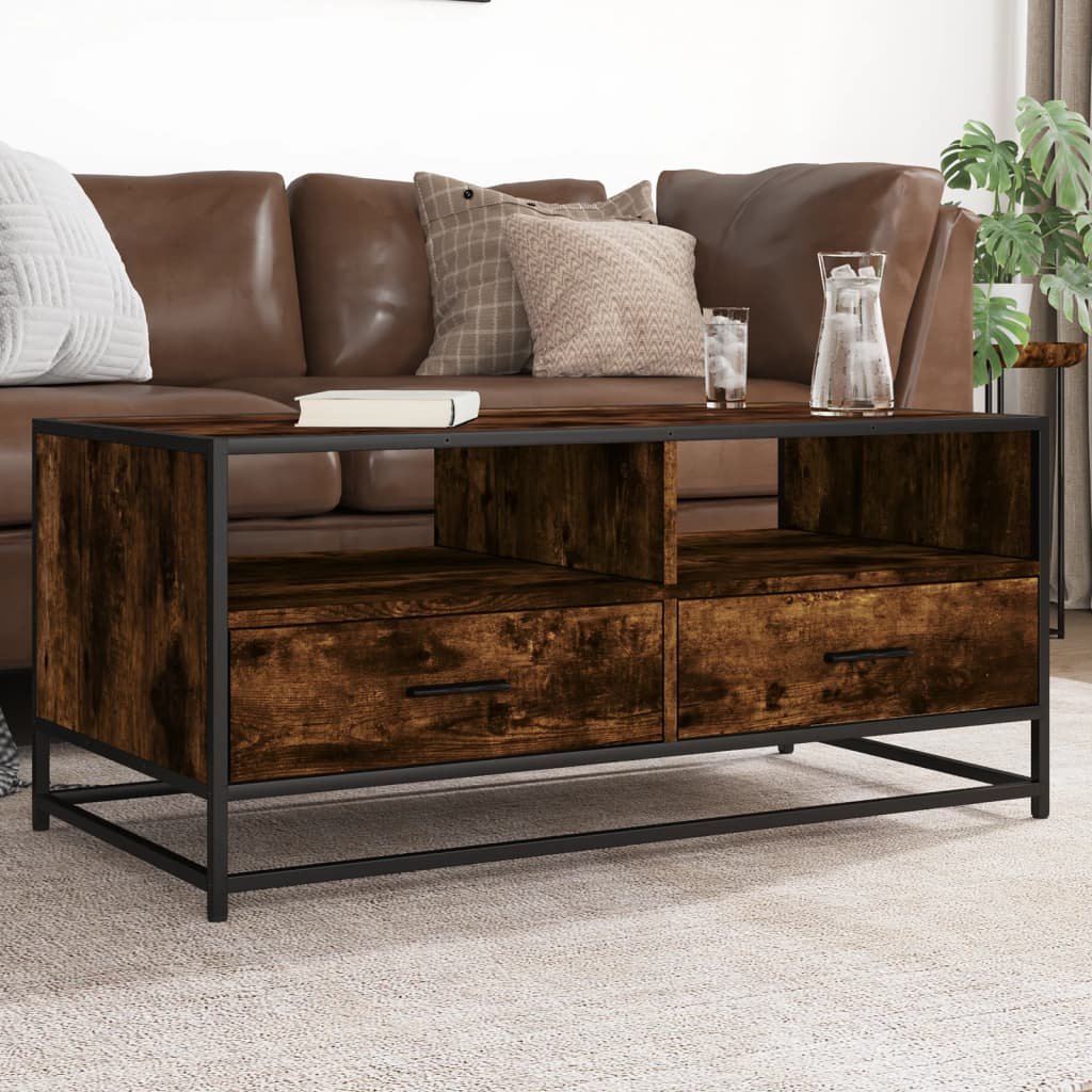 8721102838453_m_en_hd_1 Salontafel 100x50x45 cm bewerkt hout en metaal gerookt eiken - Image 1